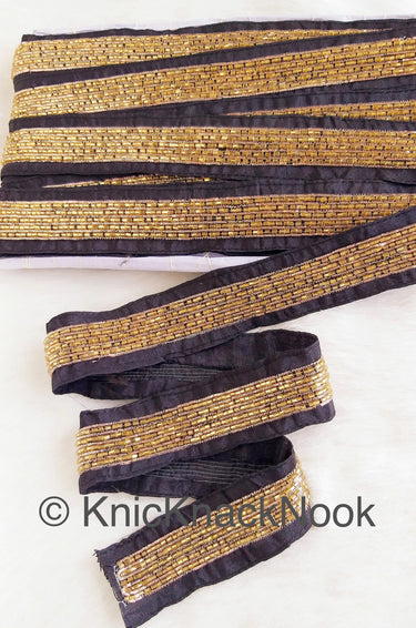 Black / Red Art Silk Fabric Trim With Gold Bugle Beads Embellishments And Gold Embroidery, Beaded Trim,